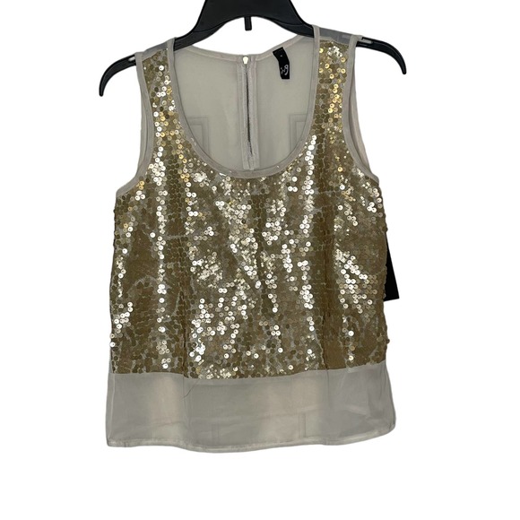 Ing Scoop Neck Gold Sequined Tank Gauzy Camisole Top Sleeveless Medium Women NWT - Picture 1 of 9